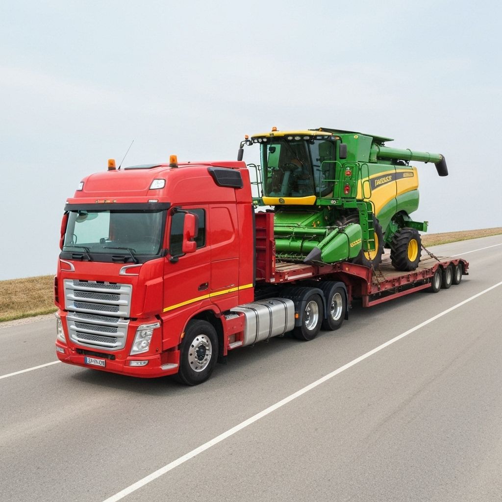 Farm equipment on flatbed truck